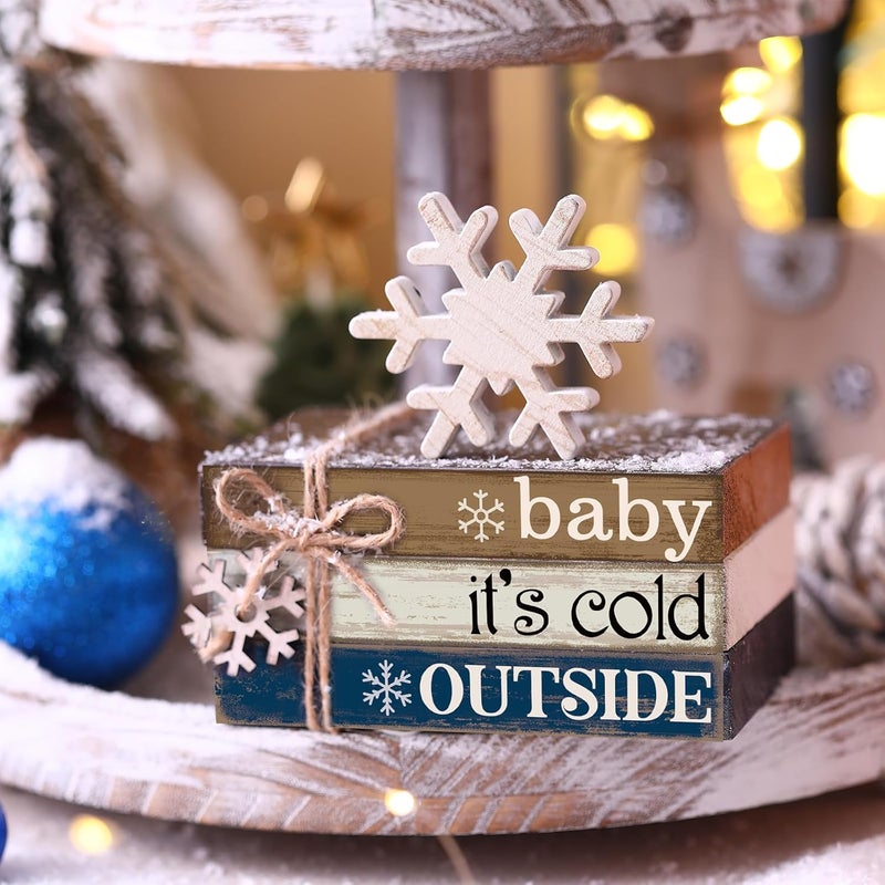 Anglechic 4 Pcs Winter Home Decor Winter Table Decorations Christmas Tiered Tray Decor Centerpiece Decorations Indoor Rustic Wooden Snowflake Block Sign Gift Farmhouse for Kitchen Shelf - Image 5